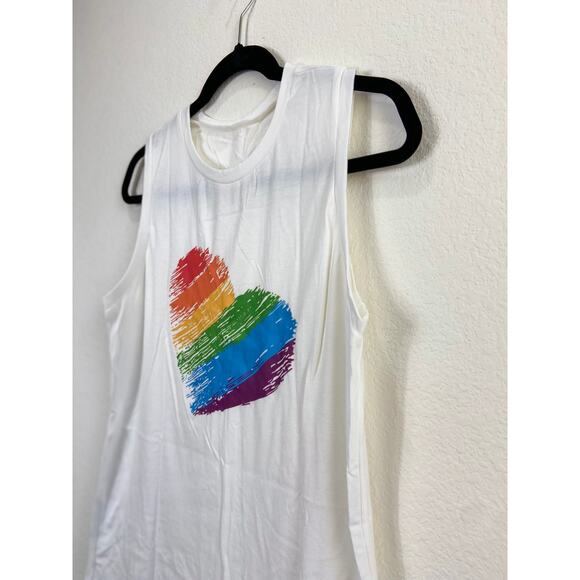 NWOT White Sleeveless Tank Top Rainbow Heart Pride Yoga Medium - Picture 2 of 9